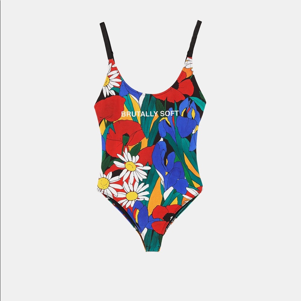 ZARA Swim | Floral print bodysuit with slogan